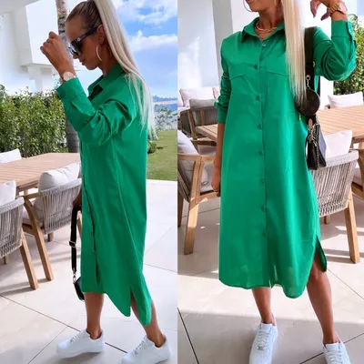 Длинное платье-рубашка прямого кроя (Один размер, Зеленый) | AIRILY.EE бутик