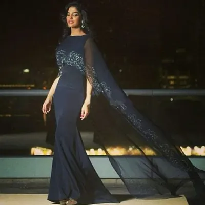 2020 Saudi вечерние платья, расшитые бисером, струящийся мыс, темно-синий,  арабский, для торжественных случаев, платье со шлейфом, на заказ |  AliExpress