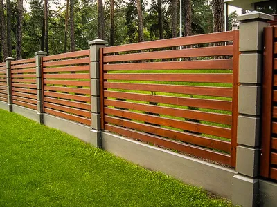 Деревянный забор \"Плетенка\" с отделкой камнем купить в Чехове, цена от 1750  руб. | Стройзабор