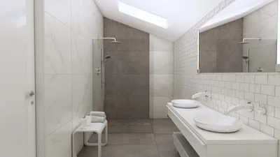 Ремонт ванной и туалета П44Т - сочетание белой плитки и керамогранита под  дерево