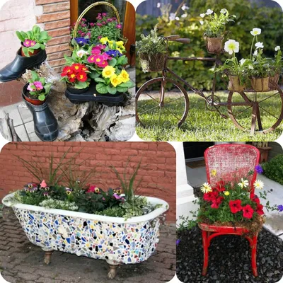 32 идеи с фото для оригинального украшения сада своими руками — Rmnt.ru |  Цветочные горшки, Сад, Клумбы