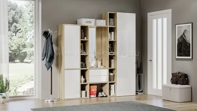 Мебель в прихожую в скандинавском стиле — открытая вешалка с сиденьем и  шкаф с антресолью.