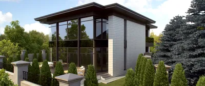 Проект одноэтажного дома из SIP панелей с панорамным окном на крытую  террасу D5130 | Каталог проектов Домамо