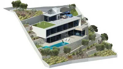 Проект двухэтажного дома с цокольным этажом на склоне K2095-227 общей  площадью 227,1 м2