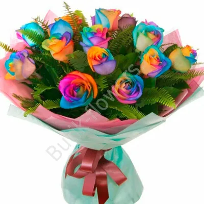 Радужные розы - Букет 11 роз синие и радужные с оформлением
