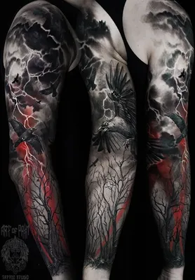 Татуировка мужская реализм тату-рукав лес и вороны | Татуировки, Татуировки  рукава, Полный рукав татуировки