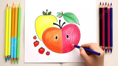 рука рисует яблоко цветными мелками, легкие картинки для рисования для  детей, ребенок, Рисование фон картинки и Фото для бесплатной загрузки