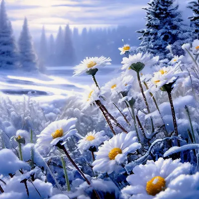Жду зиму Ромашки в снегу, ледяные …» — создано в Шедевруме