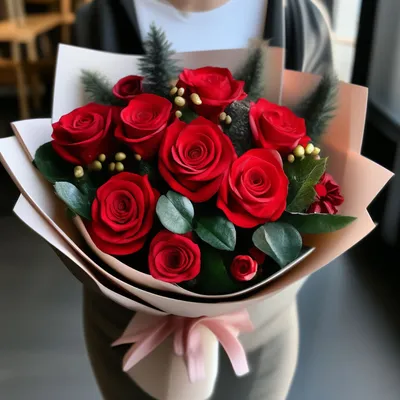 Розы с нобилисом в зимнем оформлении доставка в Красноярске | ФлоРум24