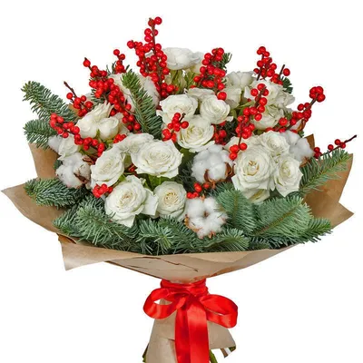 Зимний букет красных роз с нобилисом «Concept»
