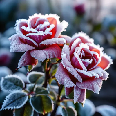 Розы в инее, красиво, реалистично, …» — создано в Шедевруме