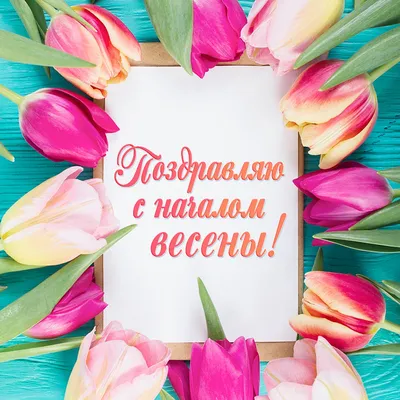 Открытка с первым днем весны - весенняя березовая роща в красивом оформлении