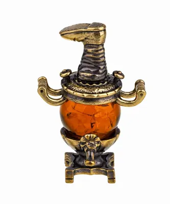 Самовар с сапогом маленький 894 – фигурка-сувенир из янтаря и латуни,  купить оптом