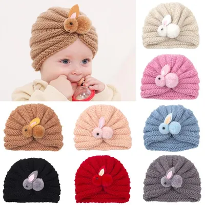 Купить Симпатичная вязаная крючком массивная вязаная шапка-тюрбан для  маленьких мальчиков и девочек, детская однотонная шапочка-бини с кроликом  для новорожденных | Joom