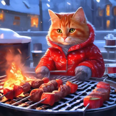 Рыжий кот Вася жарит шашлыки зимой…» — создано в Шедевруме