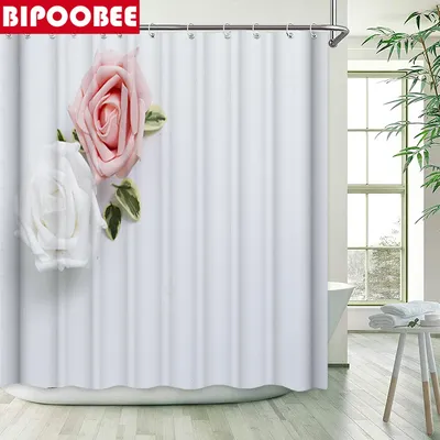 Шторы для душа из полиэстера с белыми и розовыми розами, с крючками,  противоскользящий мягкий коврик для туалета, коврик для ванной | AliExpress