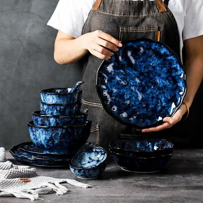 Купить Европейские обеденные тарелки, синяя керамическая миска для риса,  тарелка для салата и рыбы, креативная нестандартная посуда, набор домашней  кухонной посуды, столовая посуда | Joom