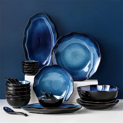 Посуда, посуда, керамическая посуда, ретро блюдо для окунания, синяя  обжигающая глазурованная обеденная тарелка, кухонная утварь, Обеденный  набор, Салатница | AliExpress