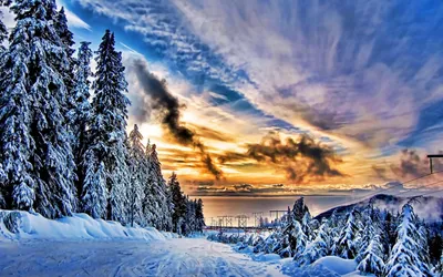 Скачать 1920x1080 зима, ночь, горы, дорога, планеты, фантастический пейзаж  обои, картинки full hd, hdtv, fhd, 1080p
