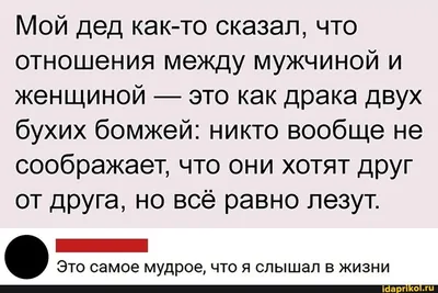 Мой дед как-то сказал, что отношения между мужчиной и женщиной это как  драка двух бухих бомжей: никто вообще не… | Веселые мемы, Юмористические  цитаты, Смешные мемы