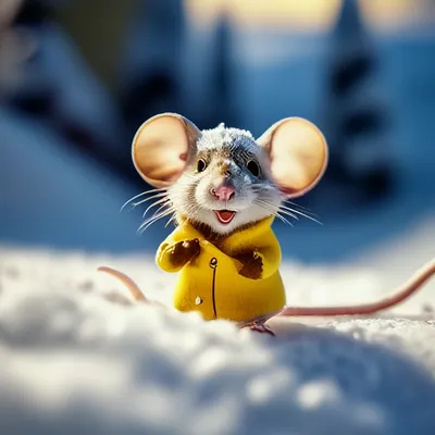 Мышка на снегу, смешные глаза, …» — создано в Шедевруме