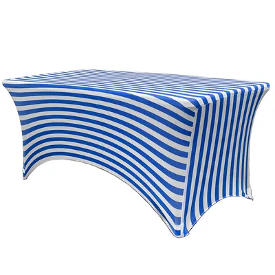 Stretch Spandex 6 ft Rectangular Table Cover Royal Blue and White Striped |  Bridal Tablecloths