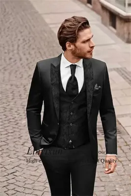 Красивые черные свадебные костюмы для мужчин с жаккардовым воротником,  жилет, комплект из 3 предметов, смокинг для жениха, облегающий мужской  костюм для жениха | AliExpress