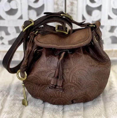 FOSSIL Desi Leather Embossed Bucket Bag Crossbody ~Rare~ Brown Tooled Small  | eBay