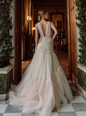 Свадебное платье трапециевидной формы с кружевной аппликацией цвета  шампанского - Lunss