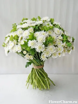 Купить свадебный букет невесты из розовых роз (25 штук), белой хризантемы  (5 веток) и декоративной зелени с доставкой по Киеву. Низкая цена, быстрая  доставка.