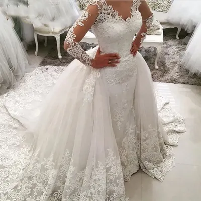 Женское свадебное платье с длинным рукавом, кружевное платье с длинным  рукавом, со съемным шлейфом, в арабском стиле, 2 в 1, новинка 2022 |  AliExpress