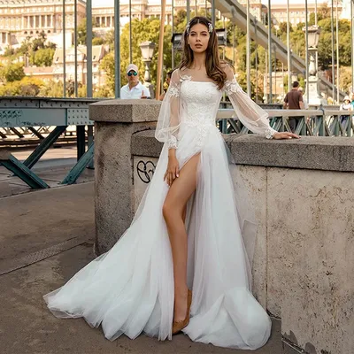 Женские свадебные платья, элегантные кружевные платья с длинными  рукавами-фонариками и высоким разрезом, трапециевидные Свадебные платья из  тюля со шлейфом | AliExpress