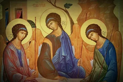 Купить икону Святая Троица (ветхозаветная). Рукописная икона украшена  серебряной филигранью с жемчугом.