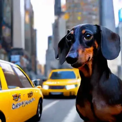 Собака Такса с такси в Нью-Йорке…» — создано в Шедевруме