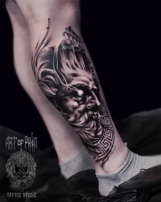Татуировка мужская реализм на голени Зевс - мастер Дмитрий Шейб 6370 | Art  of Pain