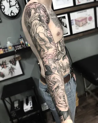 Водостойкая Временная тату-наклейка волк Воин на всю руку большой рукав тату  искусственная татуировка для мужчин женщин | AliExpress
