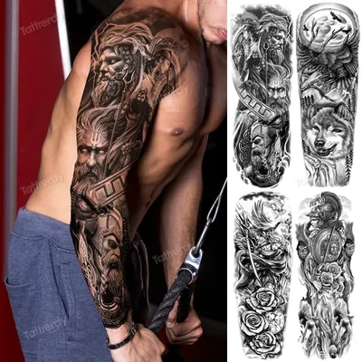 Потрясающие Временные татуировки для мужчин, большой рукав на всю руку, тату,  Бог, волк, луна, дракон, Лев, король, тигр, лес, большие дизайнерские  татуировки | AliExpress