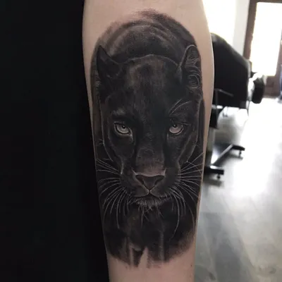 Puma holding a moon tattoo on the left arm bicep.