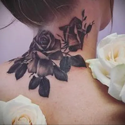 Фото тату роза акварель на шее сделать в тату салоне в Москве по низкой цене