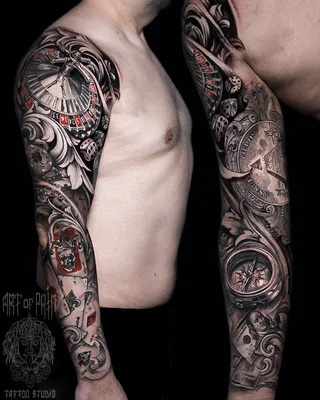 Татуировка мужская чикано тату-рукав рулетка, деньги, карты - мастер Слава  Tech Lunatic 6383 | Art of Pain