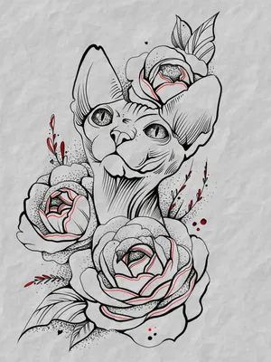 Кошка-сфинкс с цветами, тату на предплечье у девушки, мастер Daria  Chuklanova (ID: 37969)
