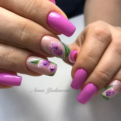 Тюльпаны на ногтях🌷 nailsoftheday.com #маникюрдня #ногти #гельлак  #дизайнногтей #идеидляманикюра #мастерм… | Purple nail art designs, Purple  nail art, Purple nails