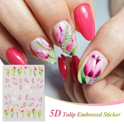 1 лист 5D тисненые тюльпаны наклейки для ногтей художественные талисманы  для ногтей розовые белые цветы тулипа резные слайдеры наклейки для ногтей  декор для маникюра | AliExpress
