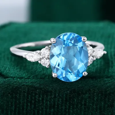 White Gold Oval Cut Swiss Blue Topaz Engagement Ring For Women -  MollyJewelryUS