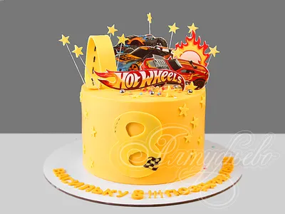 Торт Hot wheels 03041721 желтый мальчику на 8 лет одноярусный стоимостью 5  550 рублей - торты на заказ ПРЕМИУМ-класса от КП «Алтуфьево»