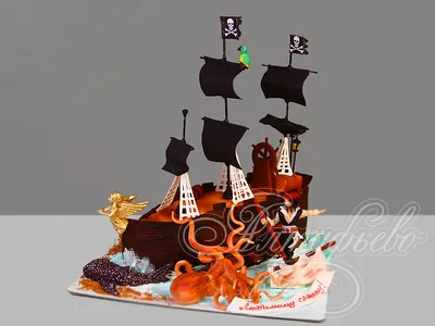 Торт Пиратский корабль 07053621 для мальчиков одноярусный с мастикой  стоимостью 14 020 рублей - торты на заказ ПРЕМИУМ-класса от КП «Алтуфьево»