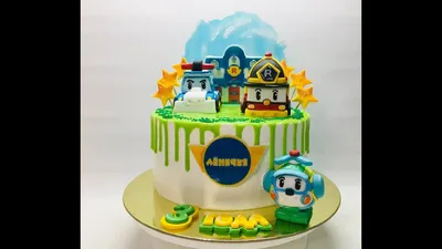 Торт Robocar Poli для мальчика 2205320 детский на 4 года на день рождения  одноярусный с мастикой - торты на заказ ПРЕМИУМ-класса от КП «Алтуфьево»