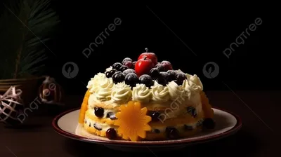 Фото торта с фруктами на фоне природы