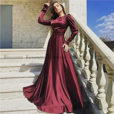 Элегантные вечерние платья бордового цвета, атласные вечерние платья с  длинным рукавом и круглым вырезом, в пол, женское винтажное платье 2022 |  AliExpress