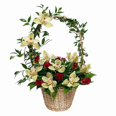 Цветочная композиция в корзине из роз, гвоздик и альстромерий в Оренбурге  купить, заказать с доставкой - Fleur